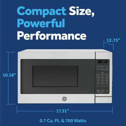 GE GCST07N1WSS Microwave Oven, 700 Watts, 6 Auto-Cook Settings, Kitchen Essentials for Countertop, Bedroom, or Apartment, Child Lock Technology 0.7 Cu. Feet, Steel