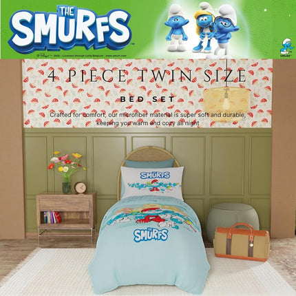 Franco The Smurfs Bedding Super Soft Cozy Reversible Comforter and Sheet Set, 4 Piece Twin Size, (Officially Licensed Product)