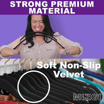 MIZGI Premium Velvet Hangers (Pack of 50) - Heavy Duty, Space Saving, Anti Slip - Black Velvet Suit Hangers with Rose Gold/Copper Hooks