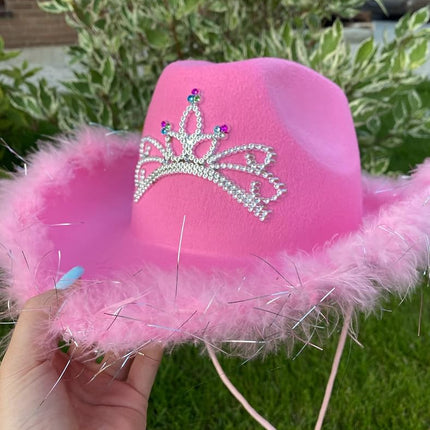 Cowgirl Hat Pink With Sequins & Tiara Crown for Women Rodeo Party Hats With Heart Glasses