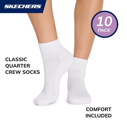 Skechers Women's 10 Pack Cushioned Quarter Crew Socks, White/Opulent Garden, 42-44.5 EU