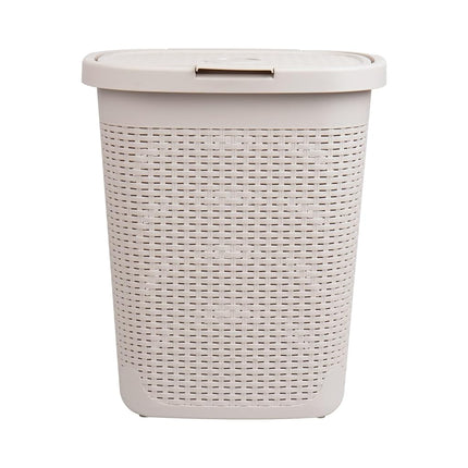Mind Reader Lid, Wicker Design, Plastic, 17.65" L x 13.75" W x 21" H, Ivory 50 Liter Hamper, Single