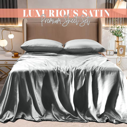 Parure de lit 4 pièces luxueuse en satin soyeux, élégante et confortable, douce pour la peau et les cheveux, infroissable, résistante à la décoloration et aux taches avec drap-housse à poches profondes, fraîche et douce, en satin, Gris, Lit simple