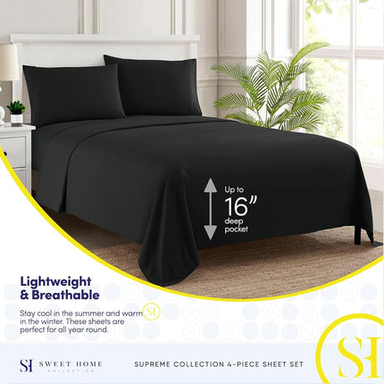Sweet Home Collection Luxury Bedding Set with Flat, Fitted Sheet, 2 Pillow Cases, Microfiber, Black, California King