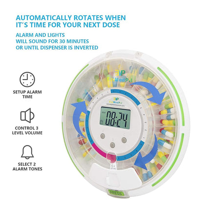 EziMedPil Automatic Pill Dispenser w/Audio & Visual Alerts, up to 6 Alarms/day, 6 Dosage Templates, Easy-Read LCD Display, Lock Medication Dispenser w/Key for Prescriptions, Vitamins & More, Clear Lid