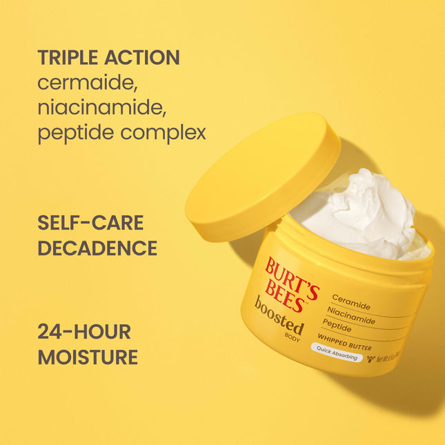 Burt's Bees Beurre Corporel Fouetté Boosté au Complexe de Céramides, Niacinamide et Peptides, Beurre Corporel à Absorption Rapide Aide à Soutenir la Barrière Cutanée, Parfum Tropical, Pot de 184 g.