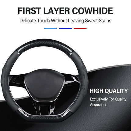 Ergocar Car Steering Wheel Cover Non-slip Car Steering Wheel Protector Sport D-shape Carbon Fiber & First Layer Cowhide Universal For Diameter 38cm(15") (D-Black)