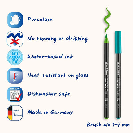 edding 4200 porcelain brush pen - black, violet, 3x blue, green, - 6 pens - brush tip 1-4 mm - painting and decorating ceramics, porcelain - dishwasher-safe, lightfast ink, quick-drying - felt-tip pen