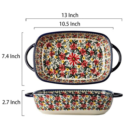 Bicuzat Red Daisy Flower Vintage Style Ceramic Bakeware Casserole Dish Baking Pan Lasagna Pans Baking Dish with Handles for Oven/Cooking/Kitchen-1 PCS, 60 OZ