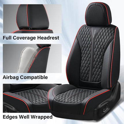 Coverado Car Seat Covers Full Set, Nappa Leather Seat Covers for Cars, Waterproof Front Seat Covers and Back Seat Covers, Car Seat Protector, Car Seat Cover Universal Fit for Most Cars, Black&Red
