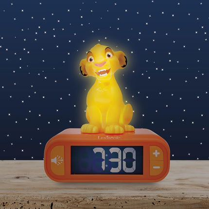 LEXIBOOK, Disney The Simba Lion King Alarm Clock with Night Light, Sounds and Melodies, Backlit LCD Display, Luminous, Snooze, Yellow/Orange, RL800AN
