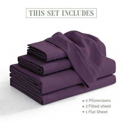 Elegant Comfort Luxurious 1500 Premium Hotel Quality Microfiber Three Line Embroidered Softest 5-Piece Bed Sheet Set, Wrinkle and Fade Resistant, Split King, Purple