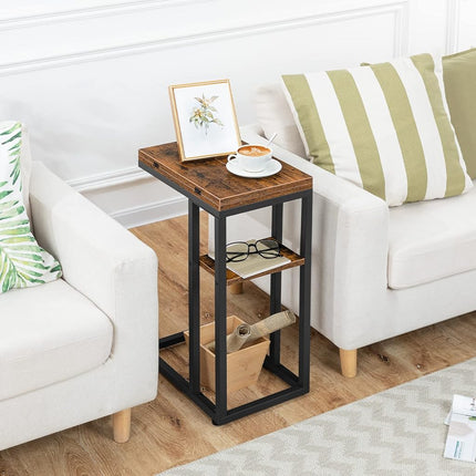 HOOBRO C Shaped Side Table, Foldable Small Table, Snack Table with Storage Shelf, Suitable for Living Room Bedroom Small Spaces, Easy Assembly, Rustic Brown BF29SF01