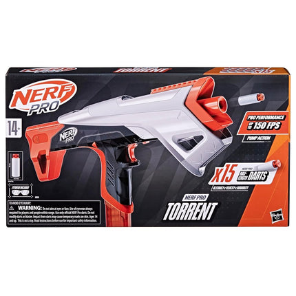 Nerf Pro Torrent Half Length Dart Blaster, 150 FPS, 15 Darts, Pump Action, Glasses, Ages 14+