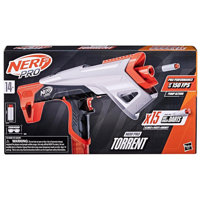 Nerf Pro Torrent Half Length Dart Blaster, 150 FPS, 15 Darts, Pump Action, Glasses, Ages 14+