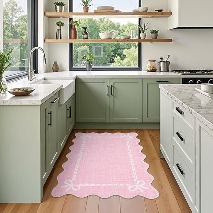 GarveeHome Scalloped Entryway Rug 2x3 Washable Front Door Bow Rug, Pink