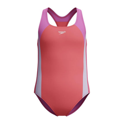 Traje de baño de una pieza con protección UV Speedo para niñas, corte Infinity Splice, tirante grueso - Coral Sands, 12