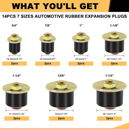 Siptenk 14pcs Freeze Expansion Plugs 3/4" 7/8" 1" 1-1/8" 1-1/4" 1-3/8" 1-1/2", 7 Sizes Automotive Rubber Freeze Frost Plug Fit Hole Size: 3/4" to 1-1/2" (19mm-38mm)