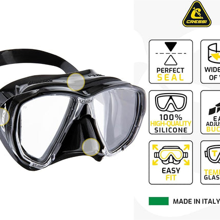 CRESSI Big Eyes Mask Clear/Azure - Single Big Eyes Mask for Diving and Snorkelling, Transparent/Azure, One Size, Adults