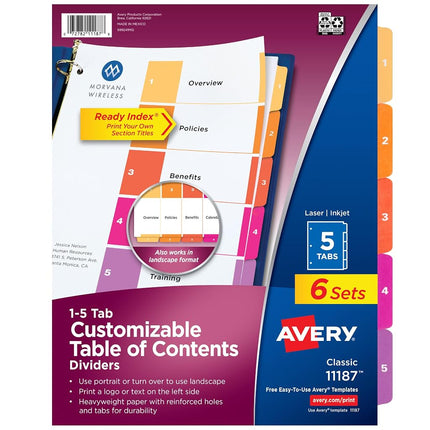 Avery 5-Tab Dividers for 3 Ring Binders, Customizable Table of Contents, Multicolor Tabs, 6 Sets (11187)