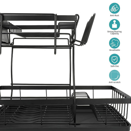 Secaplatos, 16.5 * 11.3 * 14.4'' de 2 niveles para colocar sobre el fregadero, escurridor de gran capacidad con tabla de drenaje y soporte para utensilios, autodrenante, antideslizante para encimera de cocina
