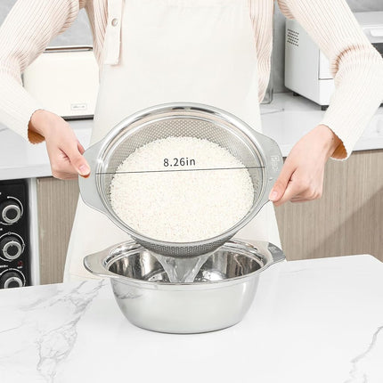 304 Stainless Steel Microporous Colander with Handle, Rice Washers Microporous Strainer Set for Washing Vegetables, Fruits and Rice, and draining Cooked Pasta.