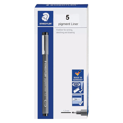 STAEDTLER Pigment Liner, Bolígrafo de punta fina para dibujar, delinear, escribir en diarios, 1.2 mm, negro, caja de 5 bolígrafos, 308 12-9M