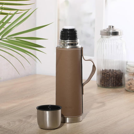 Mr. Coffee Leatherette 23 oz Stainless Steel Thermal Bottle – Double Wall Insulated Flask with Faux Leather Sleeve & Carry Handle, Brown – Leak-Proof Hot & Cold Drink Travel Mug