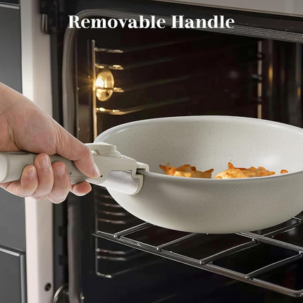 Juego de ollas y sartenes antiadherente, juego de utensilios de cocina de 12 piezas para cocinar, juego de cocina con sartenes antiadherentes con tapa y mango desmontable, beige