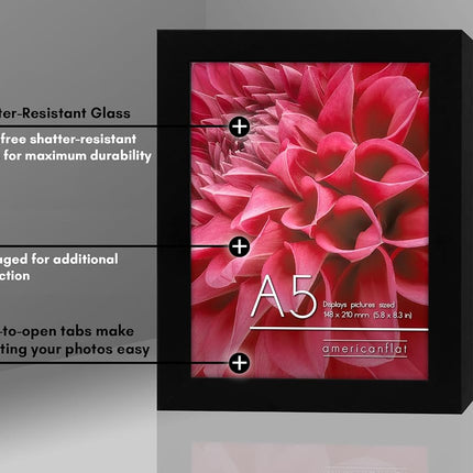 Americanflat A5 Picture Frames in Black - Engineered Wood with Shatter Resistant Glass - Horizontal and Vertical Formats for Wall and Tabletop - 14.8x21 cm