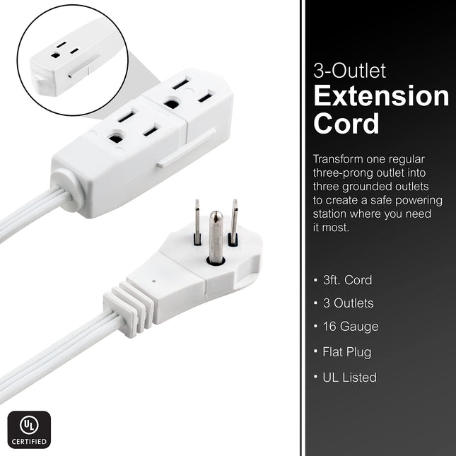Cable de extensión para interiores GE, cable de alimentación de 3 pies, regleta de 3 tomas con conexión a tierra, cable de extensión plano en ángulo recto, calibre 16, listado UL, blanco, 69869
