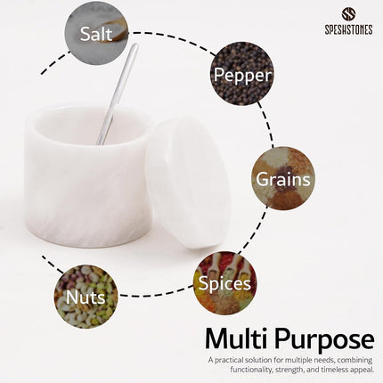 SPESHSTONES Marble Salt Cellar with Lid and Spoon 3'' Inches White Salt Container Handmade Spice Seasoning Containers for Kitchen Storage Accessories - Salt Box & Ideal Sugar Bowl, Flaky Salt Cellar