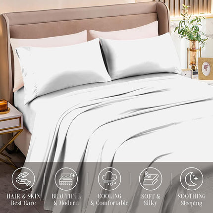 Elegant Comfort Luxurious 4-Piece Silky Satin Sheet Set, Skin and Hair Friendly, Wrinkle, Fade, Stain Resistant with Deep Pockets Fitted Sheet, Cooling Soft Satin Sheet Set, Twin, White