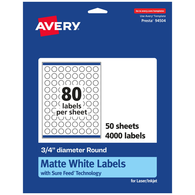 Avery Matte White Round Labels with Sure Feed, 3/4