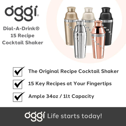OGGI 15 Recipe Dial-A-Drink Stainless Steel Cocktail Shaker, 34 oz
