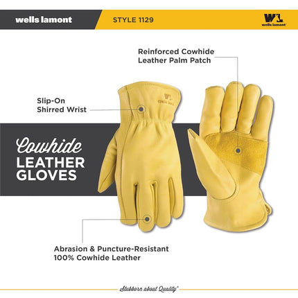 Wells Lamont Men's Reinforced Cowhide Leather Work Gloves with Palm Patch | Medium (1129M), Tan