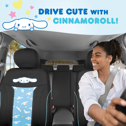 Hello Kitty Cinnamoroll Car Seat Covers - Adorable Light Blue Front Seat Covers with 4PC Carpet Car Floor Mats - Universal Fit for Cars, SUVs & Trucks - Super Cute Cinnamoroll Print & Pattern Accents