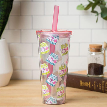 Silver Buffalo Sanrio Hello Kitty Milk Carton Pattern Plastic Boba Tumbler w Lid and Wide Straw, 24 Ounces
