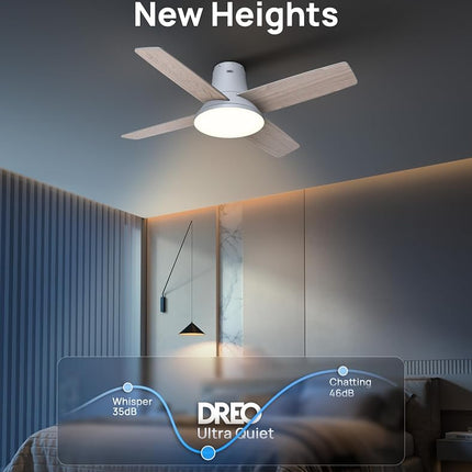 Dreo Ceiling Fans with Lights, 12 Speeds & 3 Fan Modes, Quiet DC Motor, Low Profile Easy to Install, Flush Mount Smart Ceiling Fan with Dimmable LED, 12H Timer for Bedroom, Remote, White, 44''