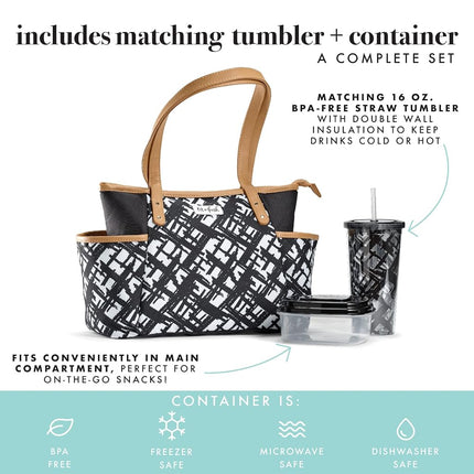 Sac isotherme pour adultes Fit & Fresh Navarto avec poches latérales et poignées de transport, kit complet comprenant un gobelet assorti et un récipient alimentaire réutilisable, noir