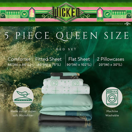 Franco Collectibles Wicked Elphaba and Glinda Bedding 5 Piece Super Soft Reversible Comforter and Sheet Set, Queen, (Officially Licensed Product)