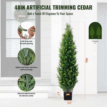 VEVOR Artificial Cedar Topiary Tree, 48 inch Tall (2 Pieces), with Extra Leaves & Pot Faux Evergreen Fake Pine Cypress Trees Plant, UV Rated Artificial Greenery Set for Home Decor Indoor/Outdoor