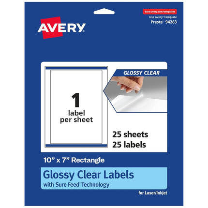 Etiquetas rectangulares transparentes brillantes Avery con Sure Feed, 10" x 7", 25 etiquetas transparentes brillantes, etiquetas imprimibles con láser/inyección de tinta