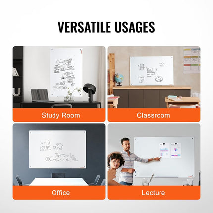 VEVOR Magnetic Glass Writing Board, Erasable 48"x32", Frameless Wall Hanging White Glassboard, Includes Marker Holder, an Eraser, and 2 Writing Pens, White