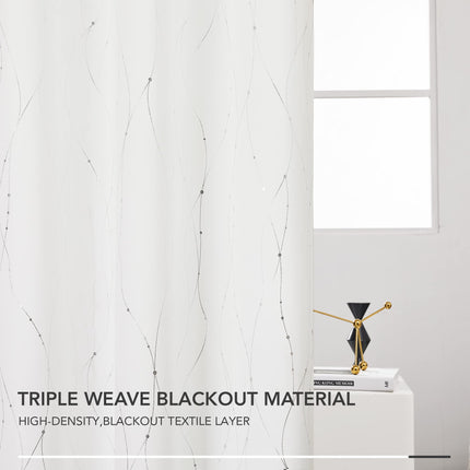 Deconovo Blackout Curtains - Silver Wave Dots Print, Thermal Insulated, Noise Reducing, Privacy Drapes for Bedroom & Living Room (38W x 84L Inch, Pure White/Silver, 2 Panels)