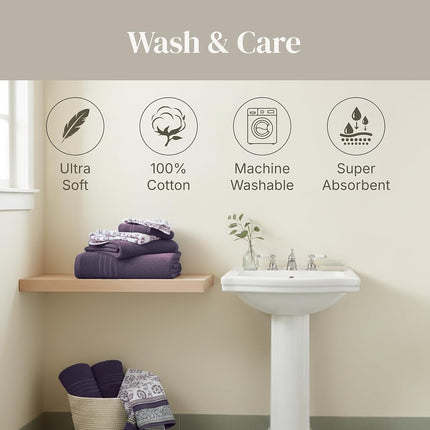 Modern Threads 6 Piece Set, 2 Bath Towels, 2 Hand Towels, 2 Washcloths Yarn Dyed Jacquard/Solid Towel Set Ophelia Orchid