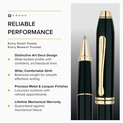 Cross Townsend Refillable Click-Off Cap Lacquer Rollerball Pen with 23 Carat Gold-Plated Appointments, Fine Ballpoint, includes Premium Gift Box and Black Gel Ink Cartridge, 1 Pack, Black