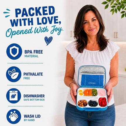 Bento-Box with Bag and Ice Pack Set. Lunch Boxes Snack Containers for Kids Boys Girls Adults. 6 Compartments, Leakproof Portion Container Boxes Insulated Bags for School Lunches, Blue
