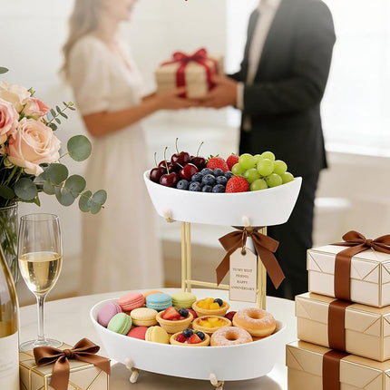 Yedio 2 Tier Ceramic Fruit Bowl for Kitchen Counter with Gold Metal Stand