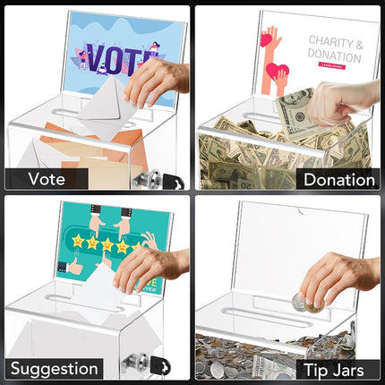 VOISEN Clear Donation Box with Lock,3 Pack Tip Jarwith Sign Holder